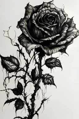 A drawing of a dry dead flower rose in black ink