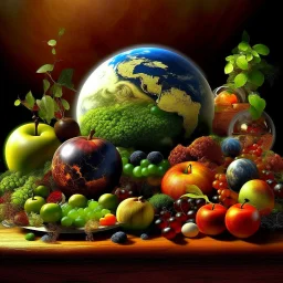 Apples. Pears. Grapes. Dishes. Oranges. Wood table.