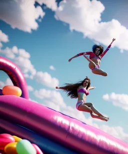 Ultra realistic speed clouds sky scene, wide angle view, sweet women falling down, feather inflatable color clothing, free jumping flying, many trinkets, hair monster, many jelly beans, balls, color smoke, smile, happy, circus style, extreme, wind, clouds sea, 20,000 feet altitude, stratosphere, soft color, highly detailed, unreal engine 5, ray tracing, RTX, lumen lighting, ultra detail, volumetric lighting, 3d, finely drawn, high definition, high resolution.