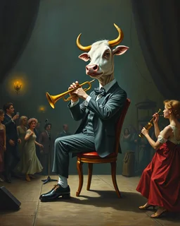 Bosch painting style ,nightmare, a a man with a face of a cow wearing a suit and playing the trumpet sitting on a chair on stage and people are dancing