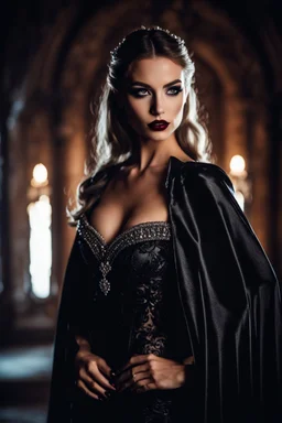 Gorgeous Real Photography Beautiful Super Model European girl,dressing covering gown luxury Beautiful Lady Bat Vampire with black wings,diamonds jewelry ,dark night castle moonlight background, portrait horror, over-the-shoulder shot