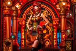 full body shot of a skinny Cleopatra, with a bob red hairstyle, standing in a steampunk setting.