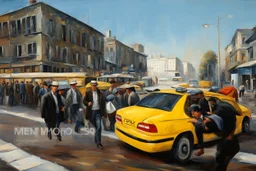 men models in a street in a taxi oil painting