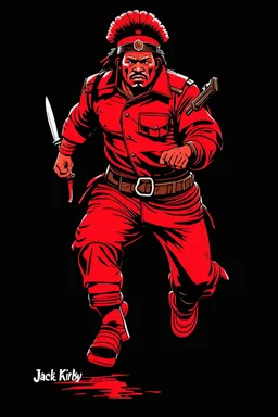indigenous canadian warrior(uniform and face based on racist steriotypes) running towards viewer, a knife i one hand, and a gun(barrel pointing at viewer) in the other. blocky retro 1960's jack kirby style poster in monochrome with white background