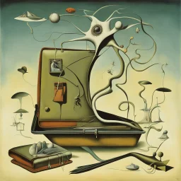 Enhanced surrealism, nightmare salesman's briefcase contrivances, unregulated absurdity, by Desmond Morris and Kay Sage, mind-bending surreal double exposure image, zig-zag weirdling, classic surreal elements, long legs, by Salvador Dali and Joan Miro