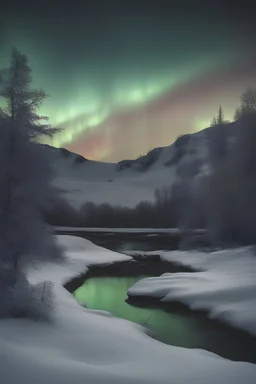 Night, dark Winter landscape with an aurora