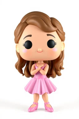 Funko figure of a very young female, smiling, medium wavy light brown hair, wearing a ballerina dress, pink dress, ballet, very cute, ballet pose,. typography, 3D render. White background