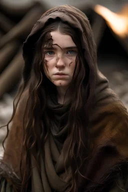 A teenage druid from a high fantasy setting whos village burnt down. They are covered in ash. They are sad and have been crying. They are in brown ragged clothing.
