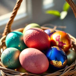 digital photograph of off-center modern basket colorful Easter eggs. eggs display intricate textures in azure, emerald, blush, crimson, sapphire, and gilded metallic hues. cinematic HDR backlighting highlights subtle dimples and glossy reflections, with shallow depth of field softening the sunlit background. hyperrealistic 8k resolution,