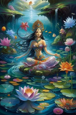 Alchemy RefinerSsterbenart A graceful floating water goddess Suggested details Asian-like style A graceful floating water goddess, her delicate figure is surrounded by a tranquil garden of ethereal water flowers. These flower petals convey many emotions, moving gently with the wind rippling on the surface of the clear water. The stems of aquatic plants come in many vibrant colors, dazzling with their beauty. This captivating scene is depicted in a painting of stunning detail, where every aspect