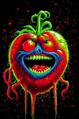 a large, deranged tomato with a maniacal expression and a dripping maw, and long vine arms chasing a fleeing person; glitter, Luminous color sparkles, extreme colors, 1980's poster art, vaporwave