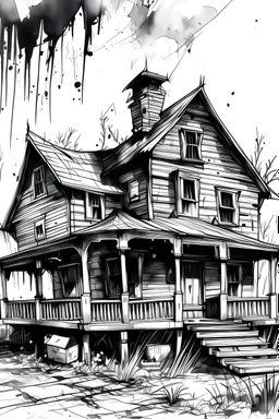 old house black and white drawing with a hint of water color paint