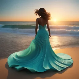 Create a 3D hyper-realistic model based on the previously enhanced digital artwork of seafoam waves forming the silhouette of a lady in a swirling dress on the beach at sunset. The model should capture the intricate details of the waves and dress, focusing on realistic textures and light play to enhance the surreal and artistic quality of the scene, close-up, high details, sharp image, vivid colors and detailed graphics, UHD, 18K