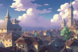 a wholesome animation key shot of a traditional city with tiled roofs, architecture, very detailed, medium shot, studio ghibli, pixar and disney animation, sharp, rendered in unreal engine 5, anime key art by greg rutkowski, bloom, dramatic lighting, blue sky with clouds