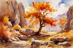 Sunny day, autumn trees, rocks, fantasy, mountains, epic, john singer sargent watercolor paintings