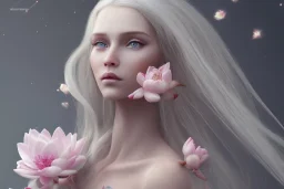 femme long cheveux blond blancs grands yeux bleus , 8k resolution, flower magnolia lotus rose, beautiful portrait, 8k resolution, flower head and body, beautiful star