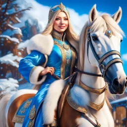 (masterpiece, best quality, 8k, RAW photo, beautiful and aesthetic:1.2), complex detail, Indirect light, photorealistic, (((full body))), 2 Gorgeous Cosmic russian asian goddess smiling, long curved blonde hair, blue eyes, Mixed, sci-fi and traditional russian outfit with white furs and chapka, on a horse companion, a colorfull Sci-Fi environment