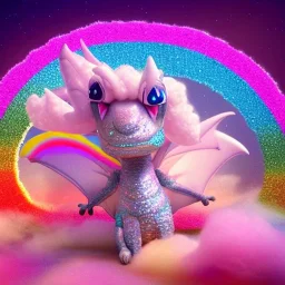 cute, adorable baby dragon made of crystals and gems with glittery scales and iridescent wings sitting on a cloud of cotton candy, muted rainbow colors, intricate, fine detail, 8k, sharp, crisp, high-quality, 3d octane render, Dreamworks, render