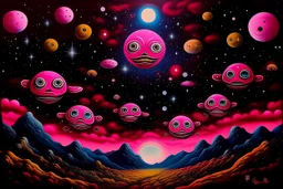 A magenta starry sky with mysterious UFOs designed in Japanese Oni masks painted by Edward Hicks
