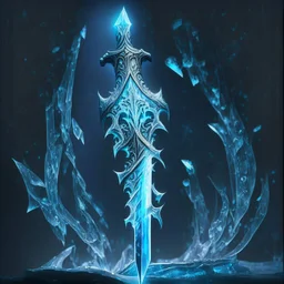 A fantasy sword that is a slender, translucent blade made of ice, shimmering with an ethereal blue glow. Its hilt is crafted from swirling vines, leading to a vibrant crystal at the pommel. With a black background behind it.