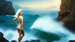 blonde woman standing at the edge of a cliff waves crashing against the rocks below