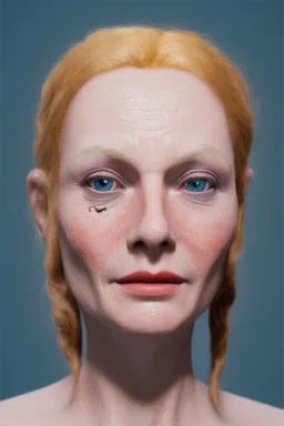 Woman 60 anni, cute, beautiful, orange hair, two braids, wild bangs, blue eyes, big eyes, freckles, long eyelashes, pink lipstick, thin lips, small nose, Gillian from Practical Magic, 8k resolution concept art portrait by Greg Rutkowski