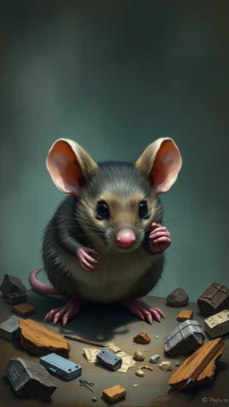 Bosch painting style, 3D mouse a trapper a mouse is sniffing aroundit