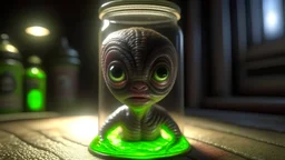 small realistic Grey son Alien Baby horror trapped in a jar, Unreal Engine, cinematic