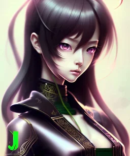 Detailed cute anime Kunoichi girl, long brown hair, green eyes, black latex bodysuit, intricate details, full body portrait, keep head in frame, slight smile, black Japanese motif, concept art, highly detailed, digital painting, concept art, sharp focus, illustration, art by Yoji Shinkawa, WLOP and greg rutkowski and alphonse mucha and artgerm and yanjun Chen and Junji ito and Makoto Shinkai, HDR, octane render