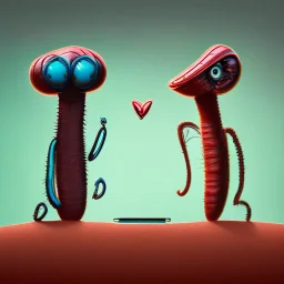 Two cartoonist drawn worms in love, staring at each other, absurdist, retrofuturism, pop art, romantic, gonzo drawing style, beszerk, strange, dune art style