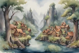fantasy watercolor painting of an elf village in a forest at the base of a dark wooded hill along the back of a very wide river. with round buildings embedded in tree trunks. small dock along the bank.