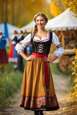 fullbody oktoberfest lady, outdoor, vladimir mukhin folk dancer in countryside