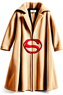 Superman's Balenciaga overcoat Winter elegant inspired by Superman's emblem design beige tones with dual color on a white background, product catalog photography, soft spot lighting, depth of field, 4k –ar 3:5 –q 2
