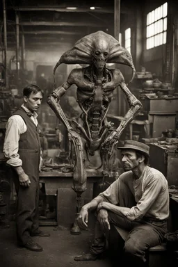 1805's,hunger, hot man, steam in building, black and white vintage photo, interior, working ((alien))::10 factory steampunk warehouse, unhappy and angry,stange long grey alien (human hybrid) creature with a family that is super sad and are scary, disturbing anxiety, captured on square format film, grainy brown, aged, young men, depressed, tired, in their flight jacket and holocaust era