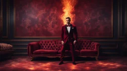 Hyper Realistic Handsome-Muscular-Man Wearing Maroon-&-Black-Velvet-Tuxedo in flame-patterned-vintage-wall with glowing-embers on the floor in a dark-room with fancy-couch-&-fancy-lamps-on-wall