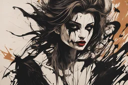 illustration of a vampire girl, in the style of threadbare abstract expressionism, bronze , black, and cypress, vintage abstract cut-and-paste, ricoh gr iii, editorial illustrations, fine lines, highly detailed