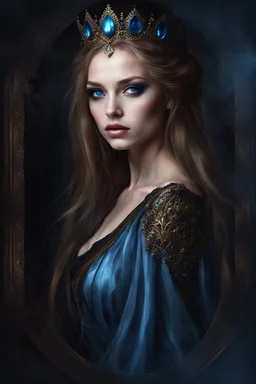 painted portrait of a young gothic queen with light brown hair and blue eyes, very beautiful, dark fantasy