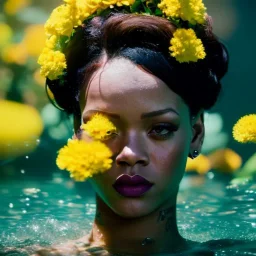 Rihanna as Tiana underwater with yellow flowers for hair, closed eyes, rtx, reflection, 8k, glow, winning photography, caustics