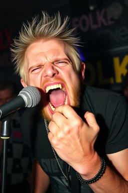 A very angry and bitter punk rocker screaming at microphone, very aggresive image in a club house, his name i FOLKE, and the name FOLKE in background