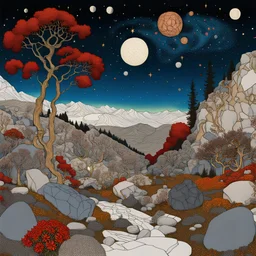 Colourful, peaceful, Egon Schiele, Max Ernst, night sky filled with galaxies and stars, rocks, trees, flowers, one-line drawing, sharp focus, 8k, deep 3d field, intricate, ornate