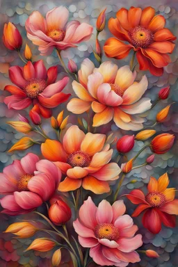 red, orange, yellow, pink flowers , detalied, extremely high textured, etheral stunning botanical theme, with five, very thick layers of paint, blur background