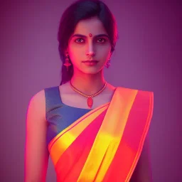 full photo of a girl in saree in dark room with neon light ,hyperrealistic,detailed,8k,cinematic