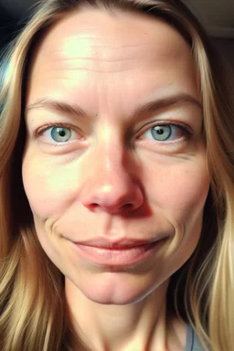 A selfie of a woman, middle blond hair, showing a 31-year-old European woman. She has brown hair, face without makeup, cute nose, detailed full lips, skin texture. Natural lighting and low contrast. Face framed.