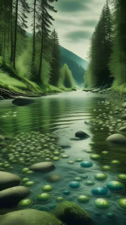 a beautiful conscious river with many eyeballs open and looking at the forest that surrounds it