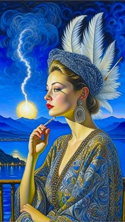 portrait of a woman smoking a cigarette, nebulas seeping into her brain, crescent moons in her eyes, feather earrings in her ears, a crescent moon to right, a wrought iron fence and a lake behind, a mountain range in the distance by seraphinianus kodex, karol bak