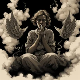 woman sitting forward Her face upward and blows cigarette smoke from their mouth upward. a figure with wings emerging from its back. behind the clouds of smoke look death. dark and mysterious