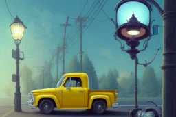 a study of cell shaded cartoon of a yellow truck on a country road, street lamps, road, illustration, wide shot, subtle colors, post grunge, concept art by josan gonzales and wlop, by james jean, victo ngai, david rubín, mike mignola, laurie greasley, highly detailed, sharp focus, alien, trending on artstation, hq, deviantart, art by artgem