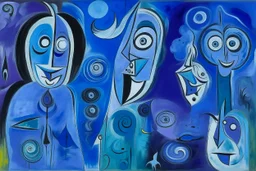 A purple outer space with ghosts of illusion painted by Pablo Picasso