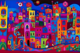 A purple Day of the Dead themed town designed in Mexican folk art painted by Wassily Kandinsky