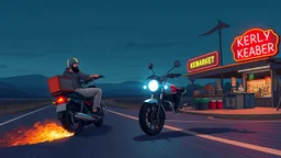 The kebab man driving fast on his holy motorcycle, fire from the exhaust, holy widescreen picture, holy empty road on the holy country at night, comic style, no helmet and he have a long holy black beard, neon kebab signs along the road, jesus stand at his market stand selling holy kebabs, simon stålenhag style, pixel art